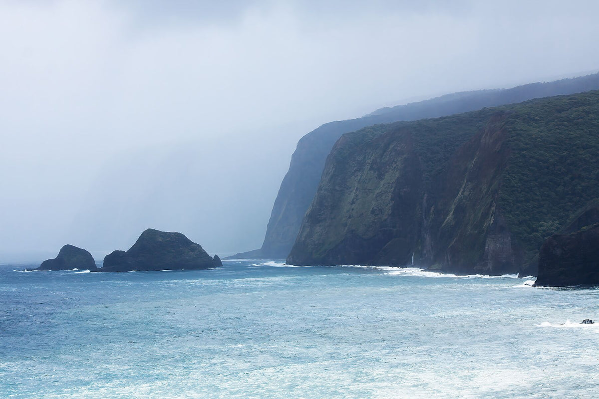View of Waipio Bay on a foggy day